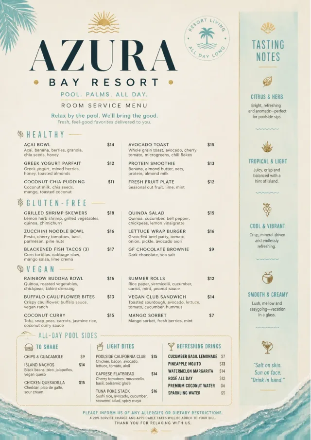 Resort Poolside room-service-menu menu template preview