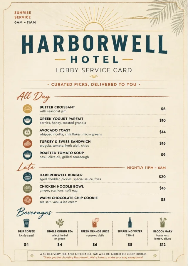 Lobby Service Card room-service-menu menu template preview