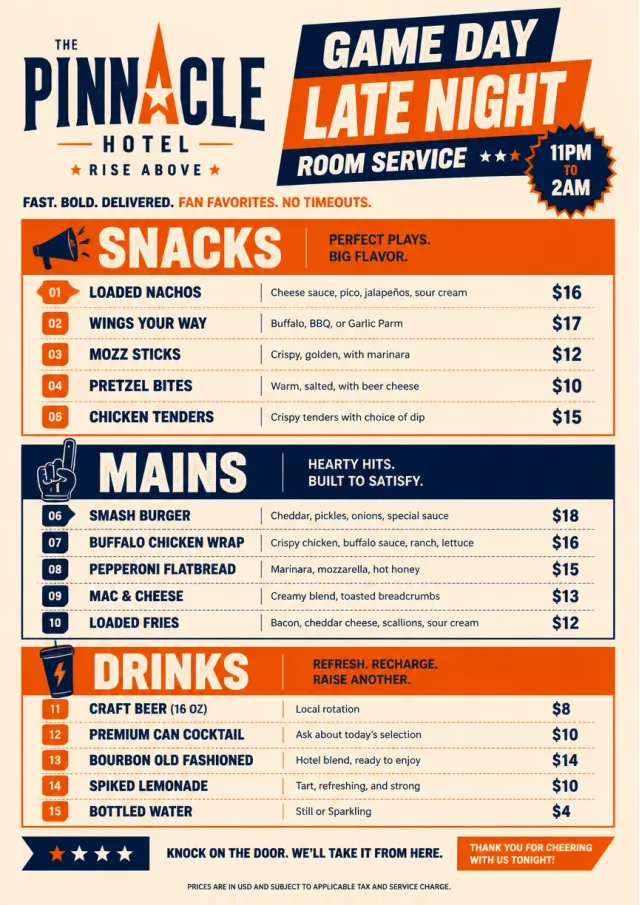 Arena Snack Strip room-service-menu menu template preview