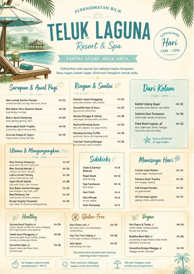 Resort Poolside room-service-menu menu template preview