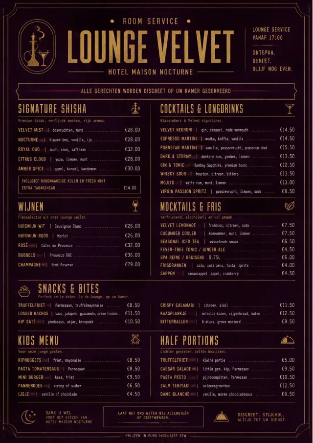 Lounge Velvet room-service-menu menu template preview