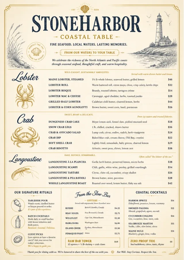 Fine Regional seafood-menu menu template preview