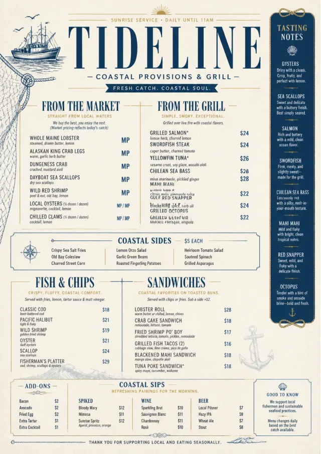 Coastal Regional seafood-menu menu template preview
