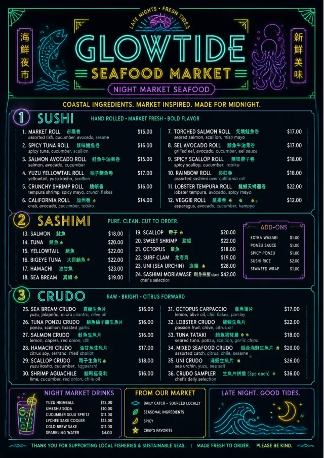 Night Market Neon seafood-menu menu template preview