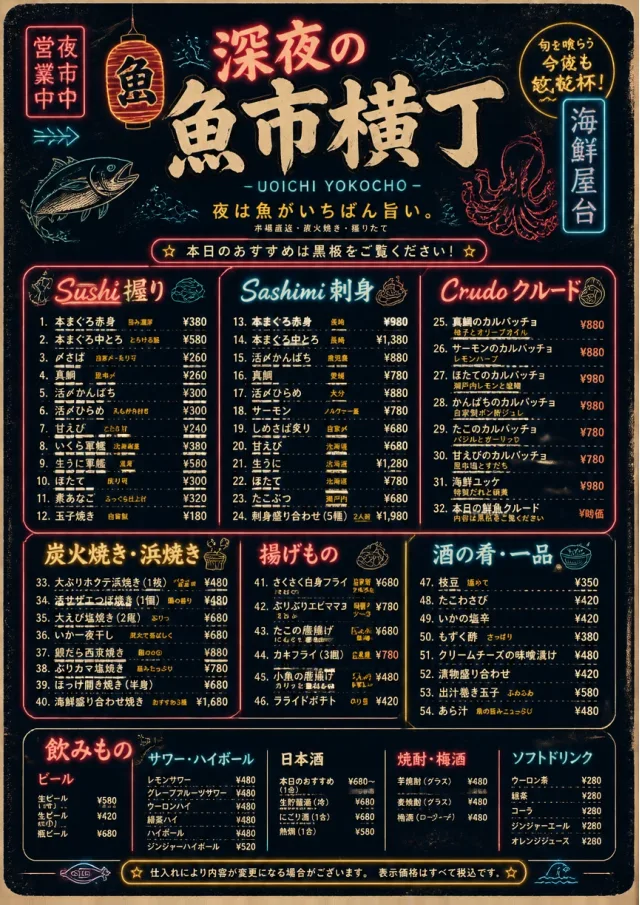 Night Market Neon seafood-menu menu template preview