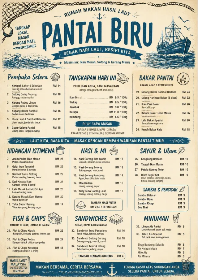 Coastal Regional seafood-menu menu template preview