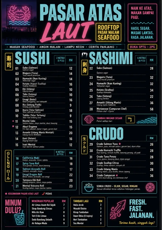 Night Market Neon seafood-menu menu template preview