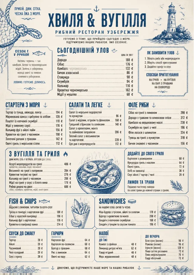 Coastal Regional seafood-menu menu template preview