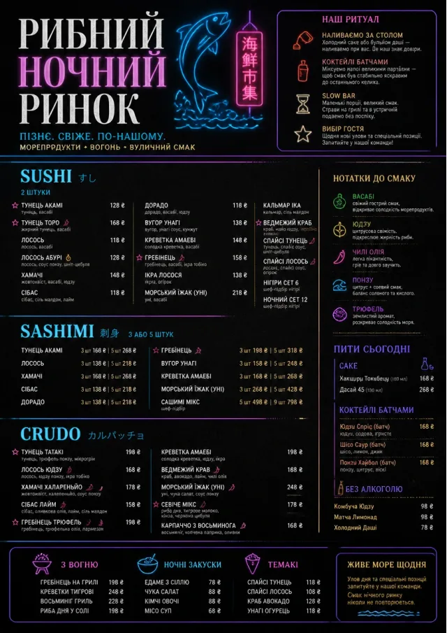 Night Market Neon seafood-menu menu template preview