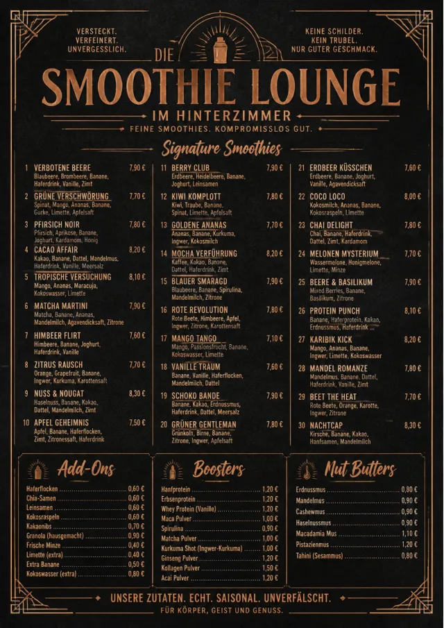 Speakeasy Spirits smoothie-menu menu template preview