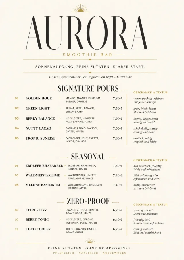 Boutique Pour Card smoothie-menu menu template preview