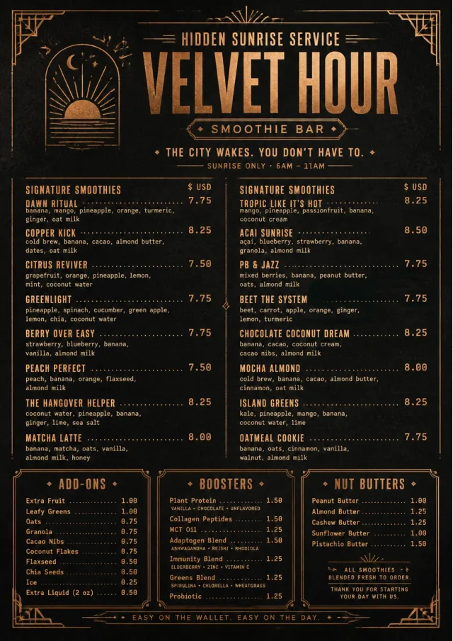 Speakeasy Spirits smoothie-menu menu template preview