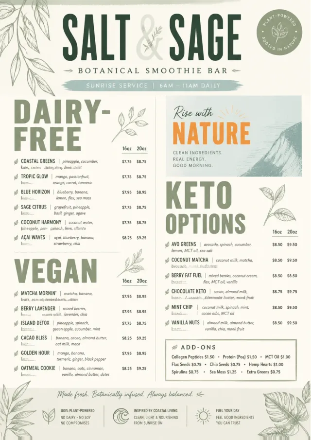 Botanical Infusion smoothie-menu menu template preview