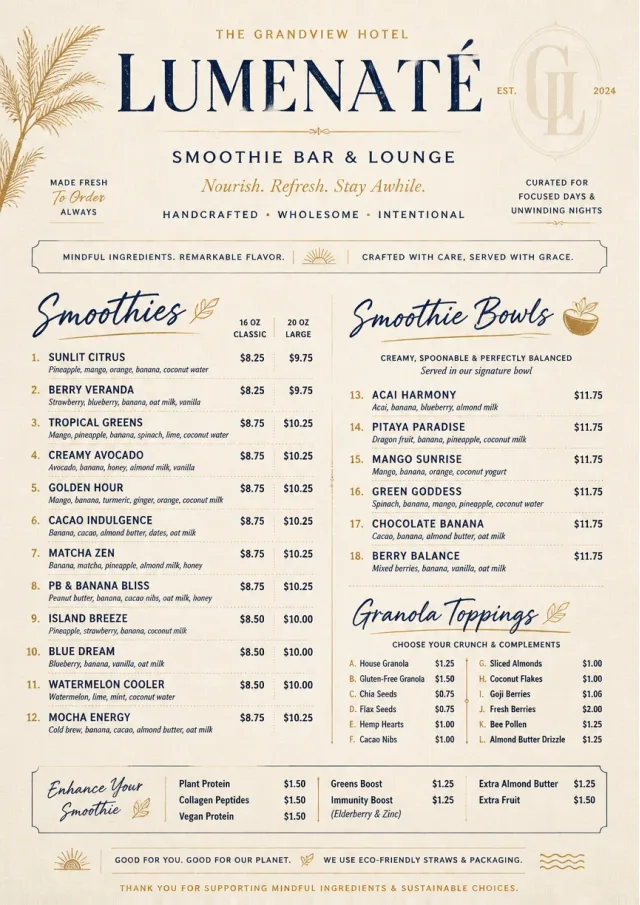 Luxury Hotel Lounge smoothie-menu menu template preview