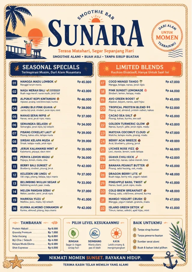 Coastal Sunset smoothie-menu menu template preview