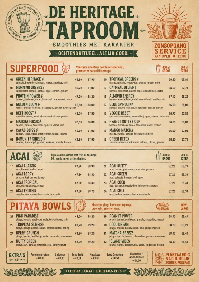 Heritage Taproom smoothie-menu menu template preview