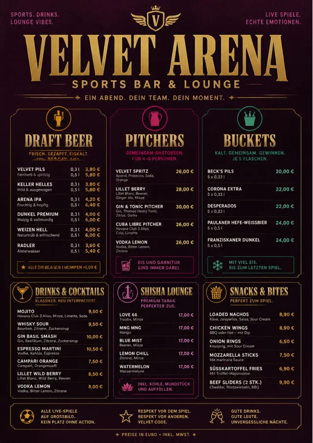 Lounge Velvet sports-bar-menu menu template preview