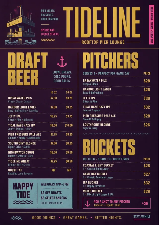 Lounge Velvet sports-bar-menu menu template preview