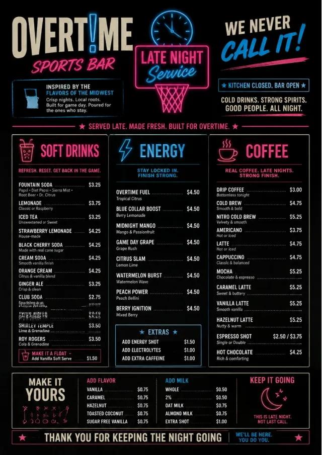 Late Night Service sports-bar-menu menu template preview