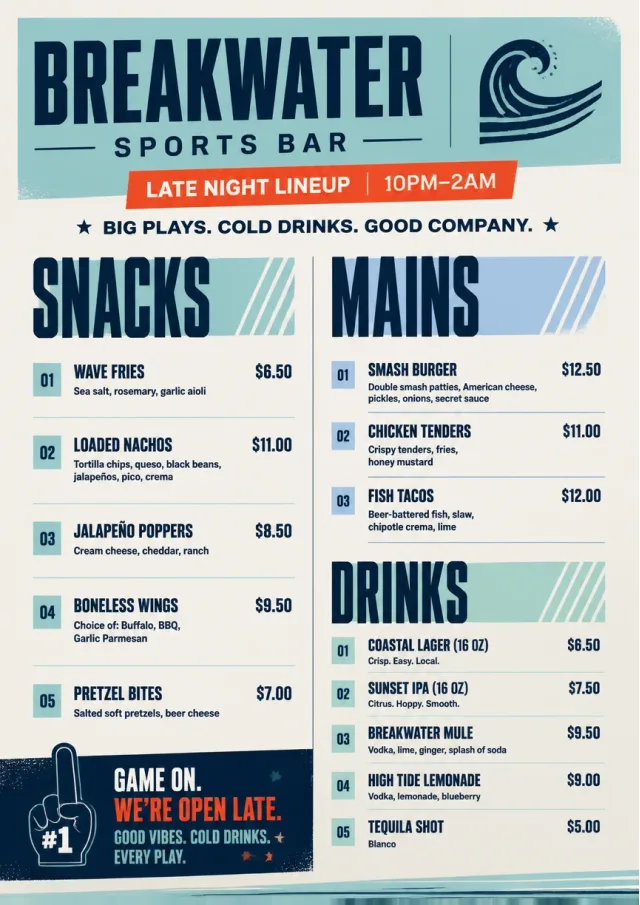 Arena Snack Strip sports-bar-menu menu template preview