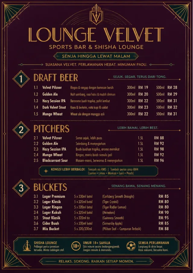 Lounge Velvet sports-bar-menu menu template preview
