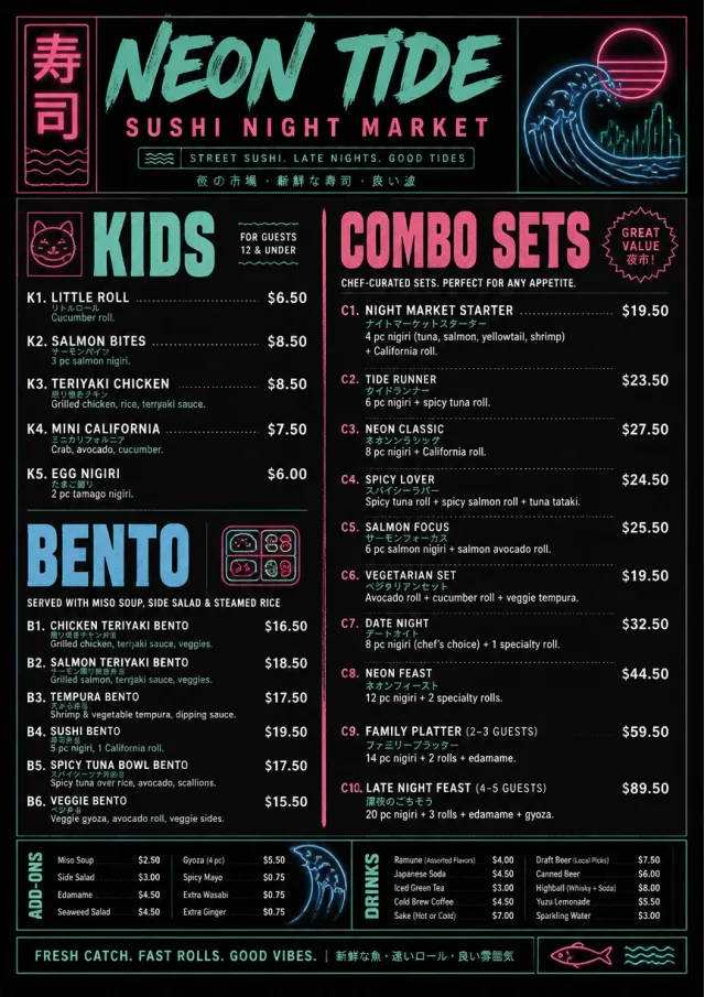 Night Market Neon sushi-menu menu template preview