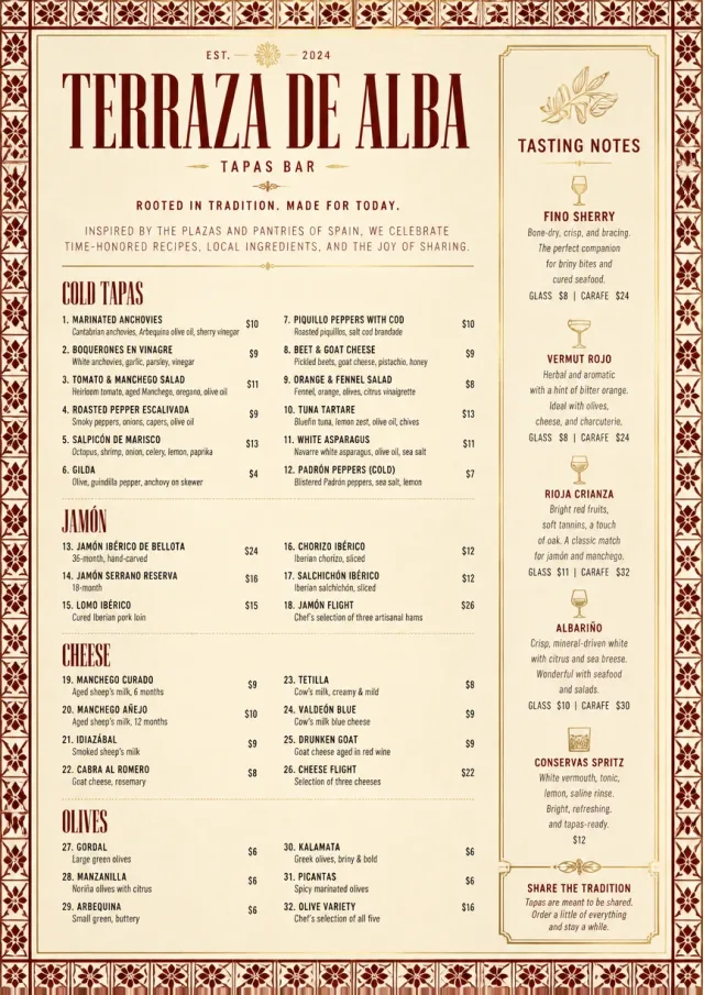 Heritage Tradition tapas-menu menu template preview