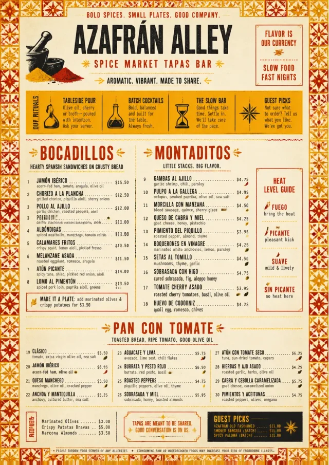 Spice Market Bold tapas-menu menu template preview