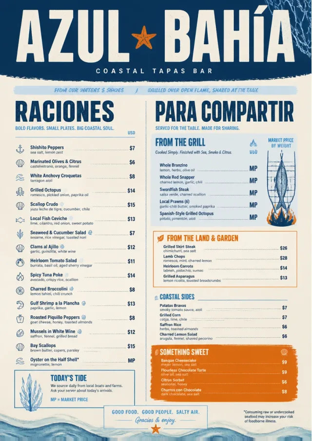 Coastal Regional tapas-menu menu template preview