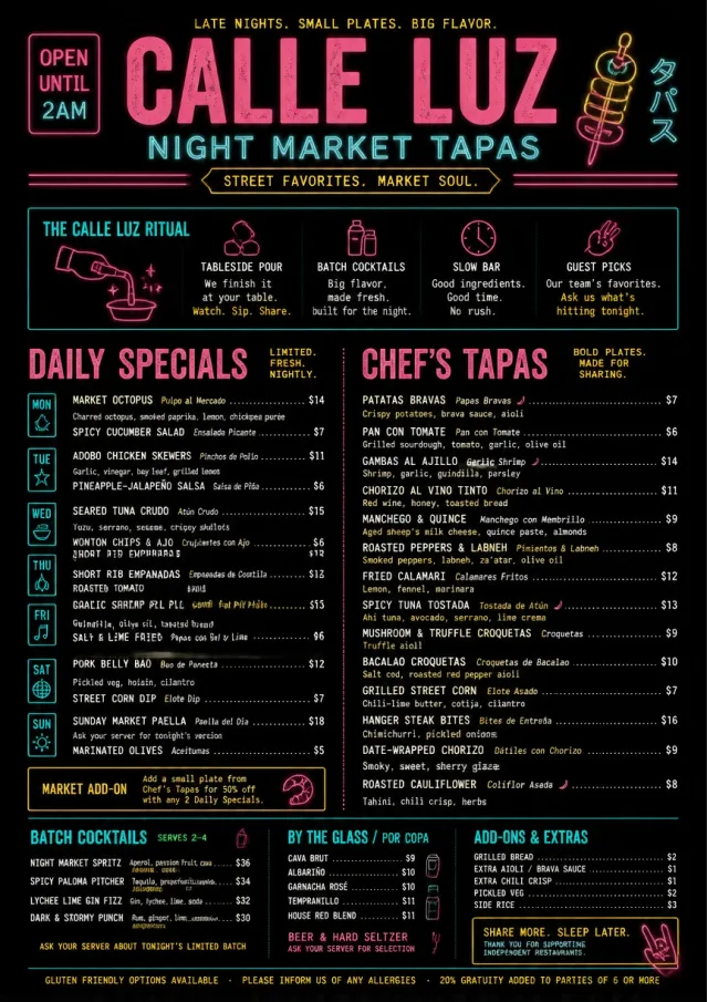 Night Market Neon tapas-menu menu template preview
