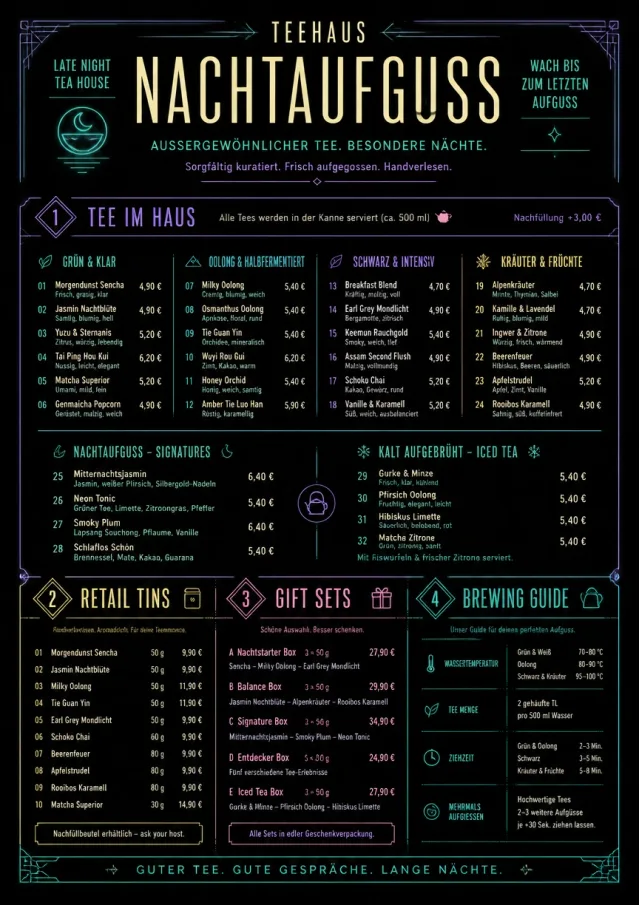 Neon Night Pour tea-menu menu template preview