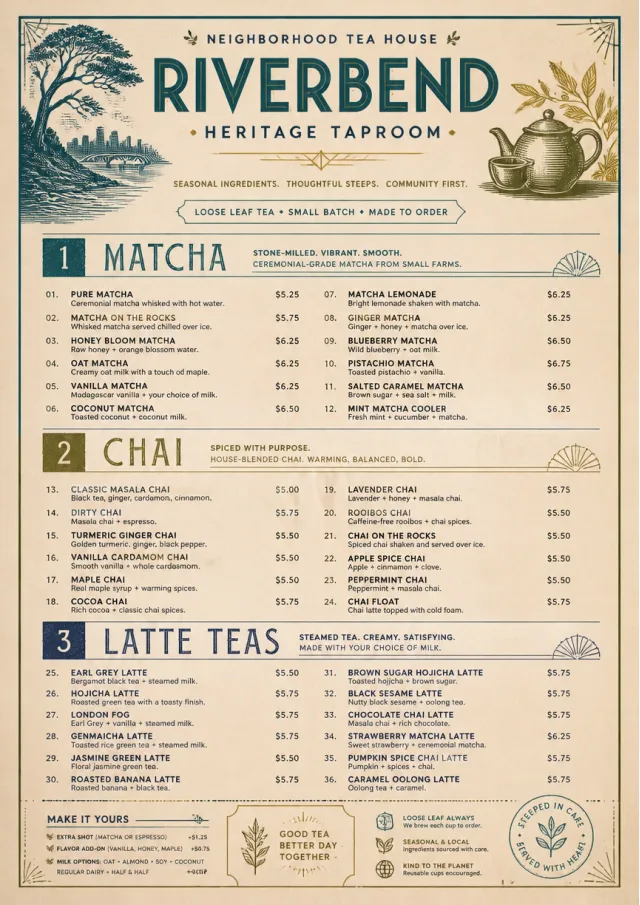 Heritage Taproom tea-menu menu template preview
