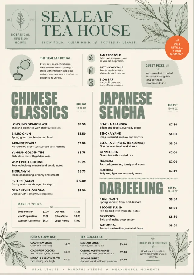 Botanical Infusion tea-menu menu template preview