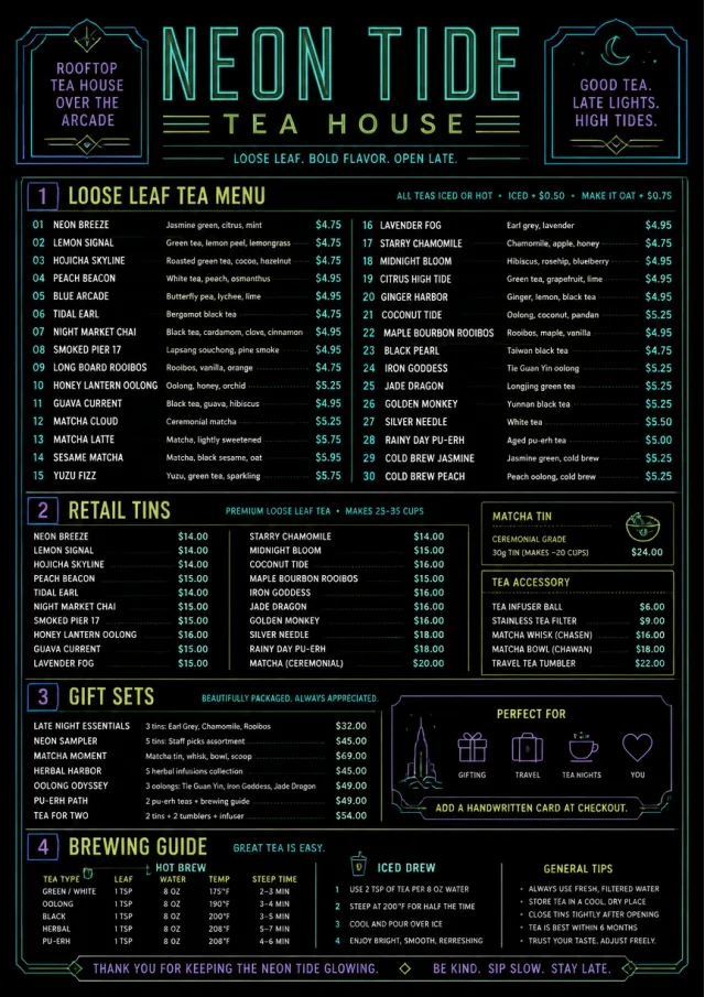 Neon Night Pour tea-menu menu template preview
