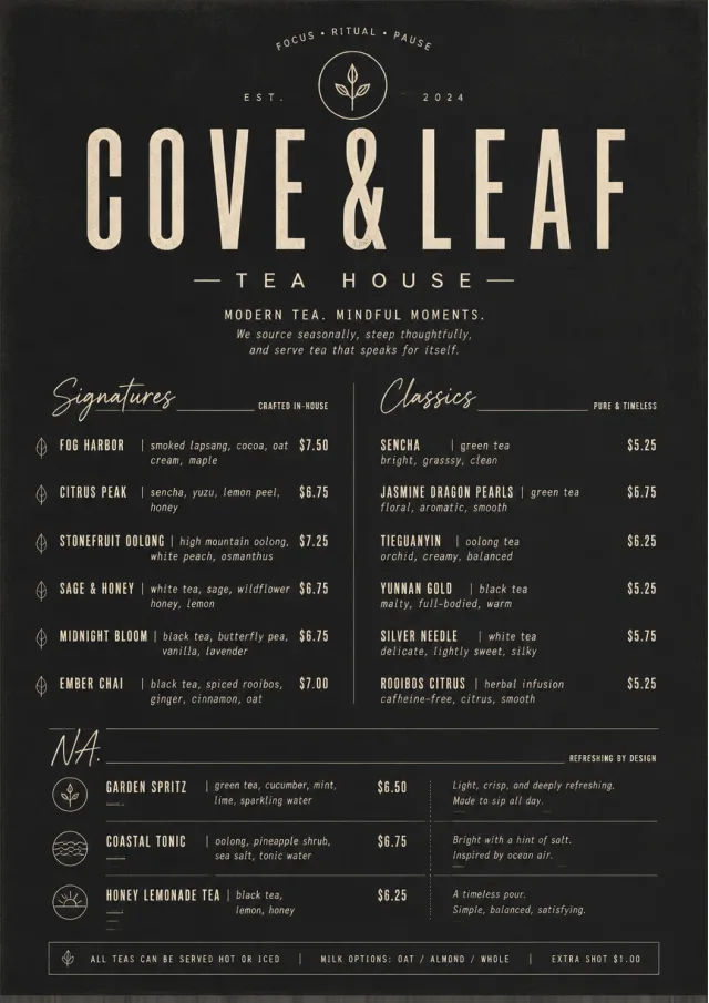 Mono Bar Minimal tea-menu menu template preview