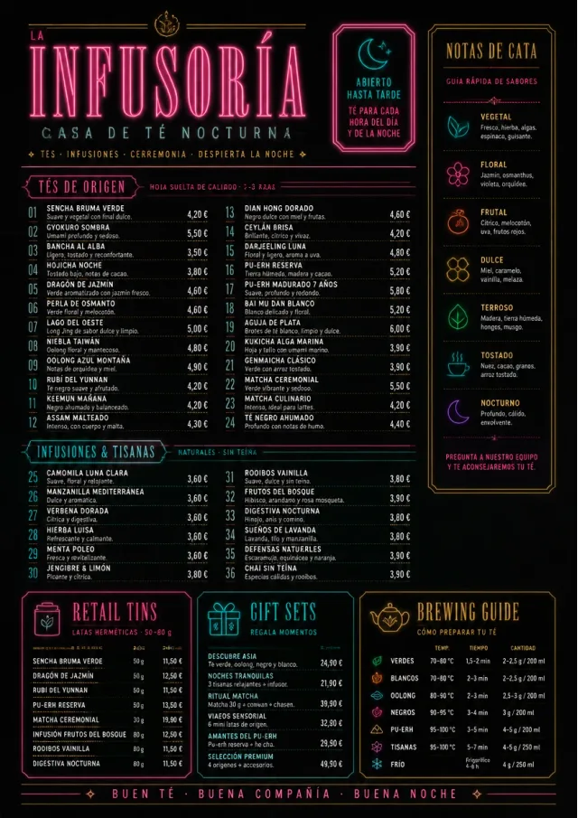 Neon Night Pour tea-menu menu template preview