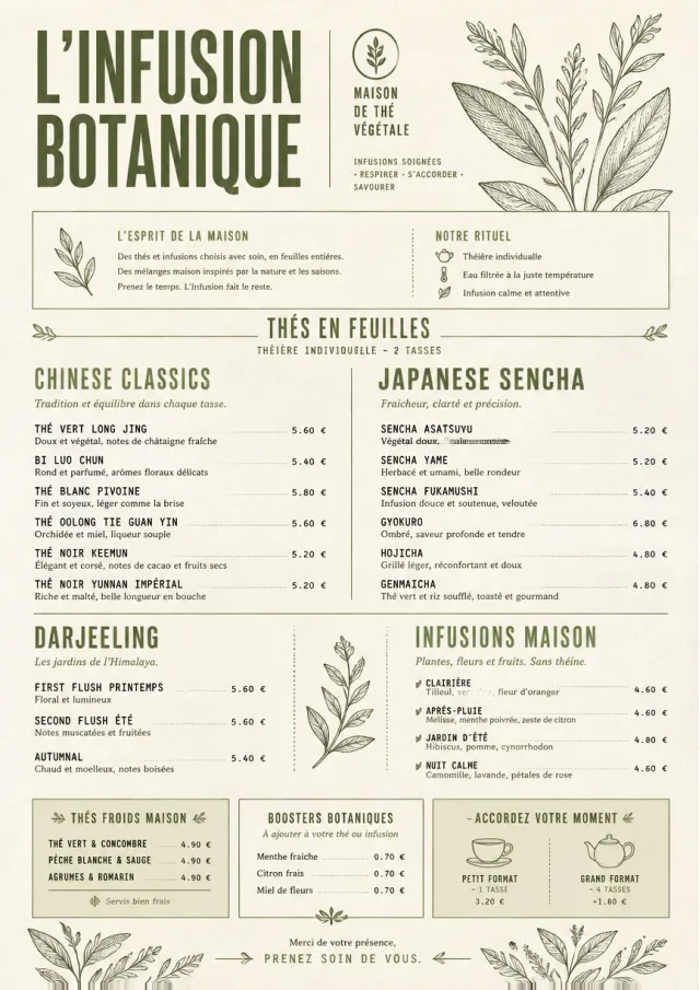 Botanical Infusion tea-menu menu template preview