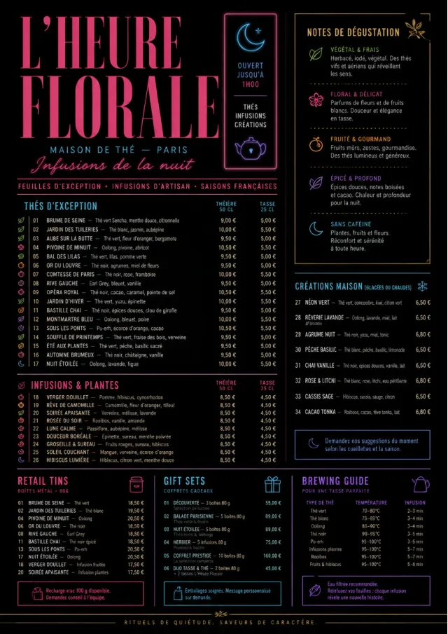 Neon Night Pour tea-menu menu template preview