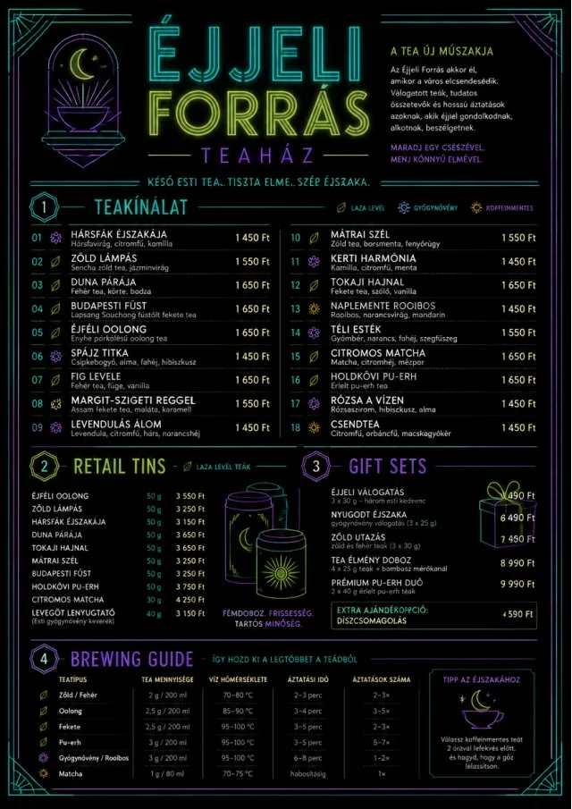 Neon Night Pour tea-menu menu template preview