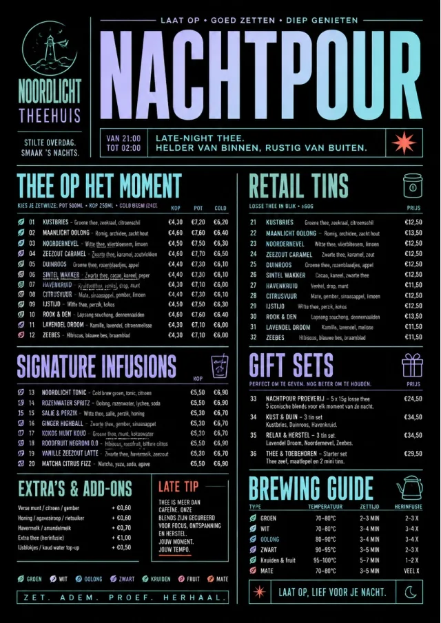 Neon Night Pour tea-menu menu template preview