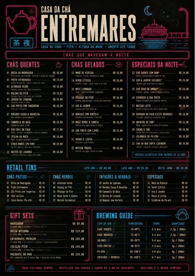 Neon Night Pour tea-menu menu template preview