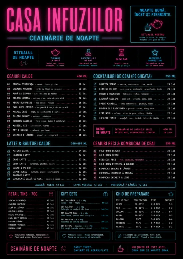 Neon Night Pour tea-menu menu template preview