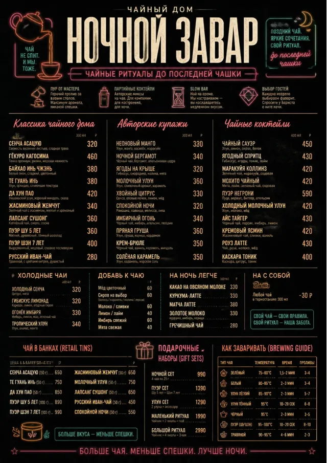 Neon Night Pour tea-menu menu template preview