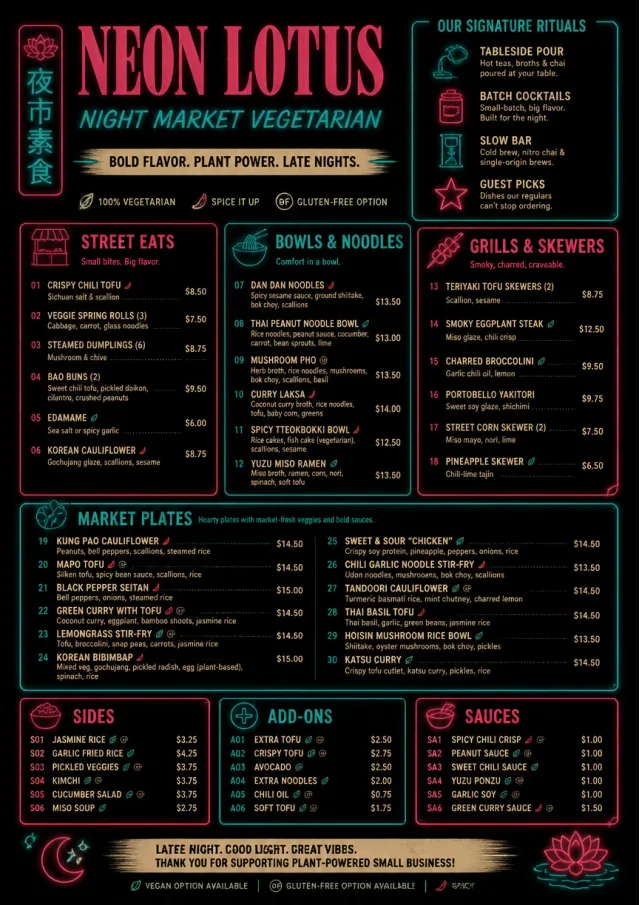 Night Market Neon vegetarian-menu menu template preview