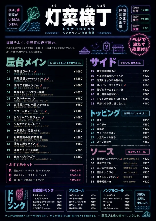 Night Market Neon vegetarian-menu menu template preview