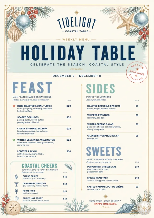Holiday Table Card weekly-menu menu template preview