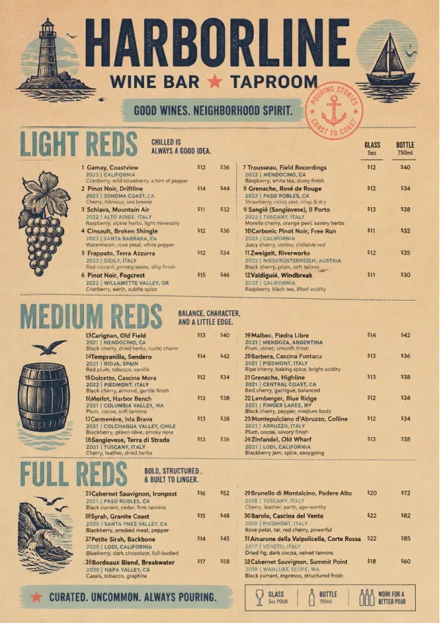 Heritage Taproom wine-menu menu template preview