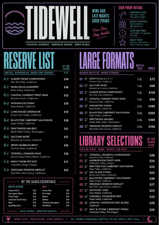 Neon Night Pour wine-menu menu template preview