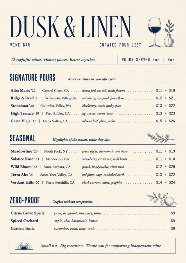 Boutique Pour Card wine-menu menu template preview