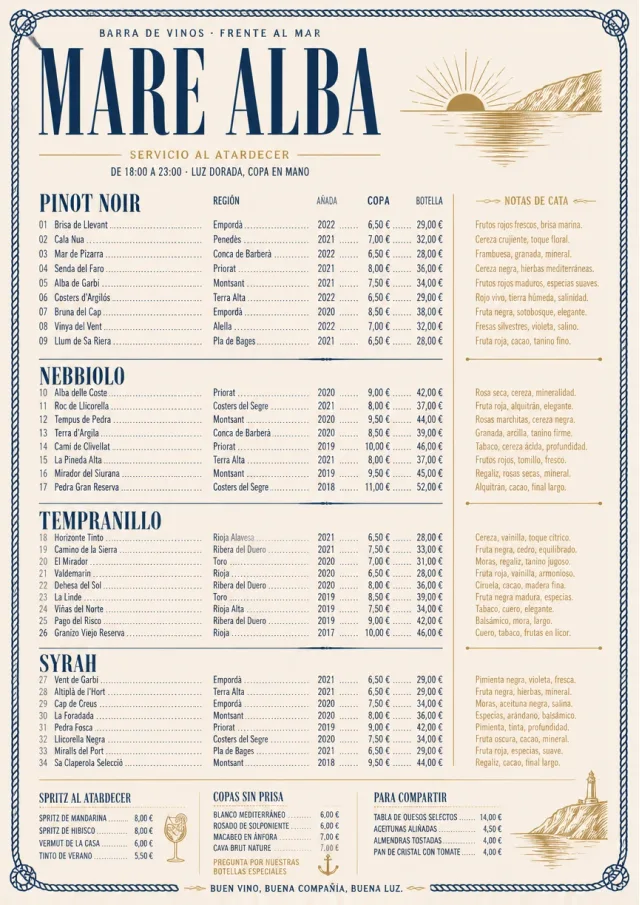 Coastal Sunset wine-menu menu template preview